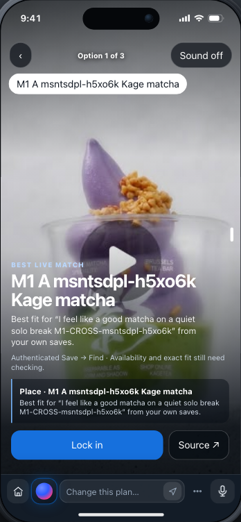 Shade Feed showing a media-rich matcha venue option and decision controls