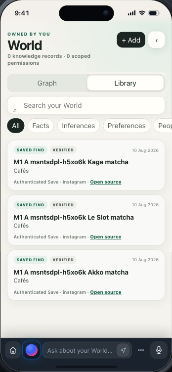 Shade World Library showing three verified saved finds